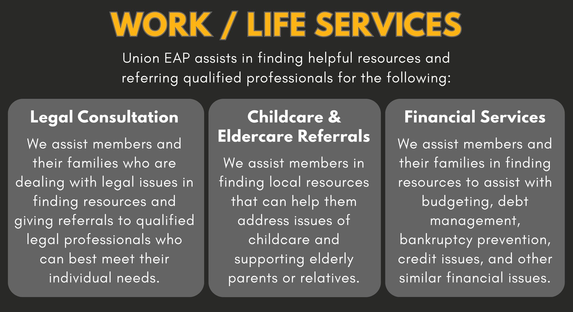WORK / LIFE SERVICES - Union EAP assists in finding helpful resources and referring qualified professionals for the following; Legal Consultation: We assist members and their families who are dealing with legal issues in finding resources and giving referrals to qualified legal professionals who can best meet their individual needs. Childcare & Eldercare Referrals: We assist members in finding local resources that can help them address issues of childcare and supporting elderly parents or relatives. Financial Services: We assist members and their families in finding resources to assist with budgeting, debt management, bankruptcy prevention, credit issues, and other similar financial issues.