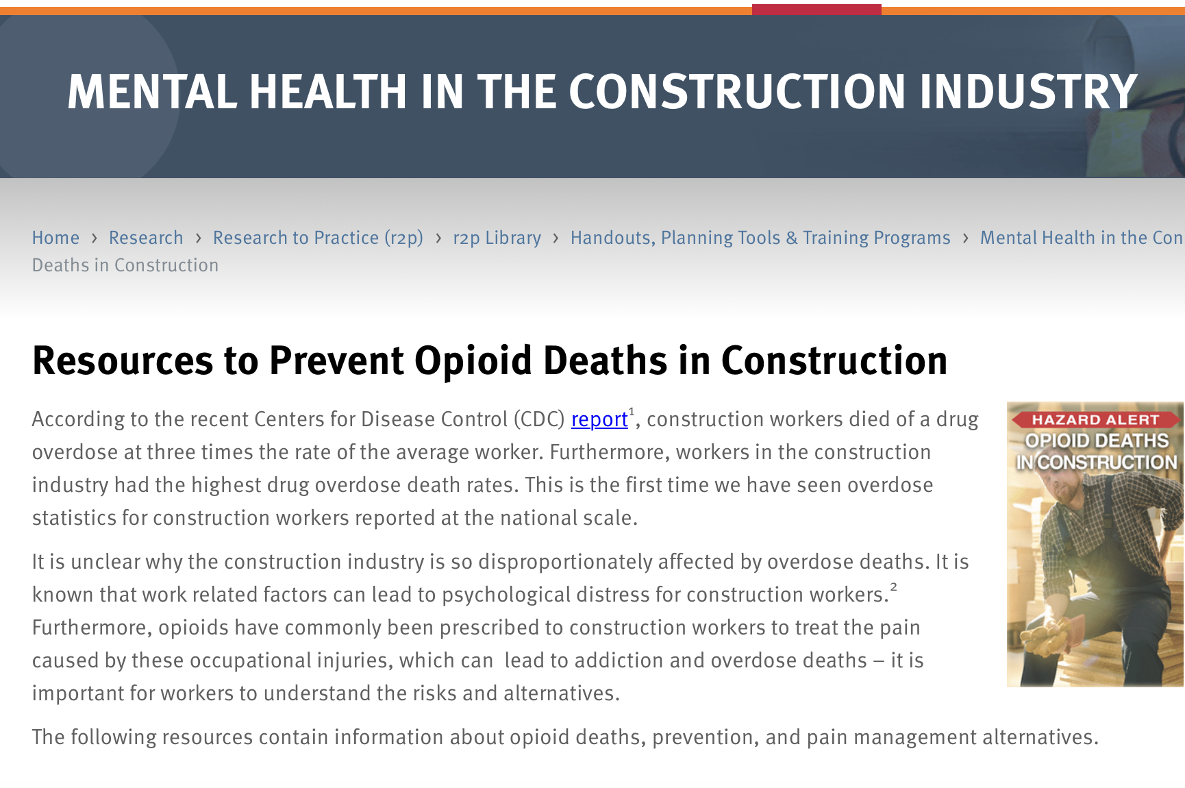 CPWR Resources to Prevent Opioid Deaths in Construction