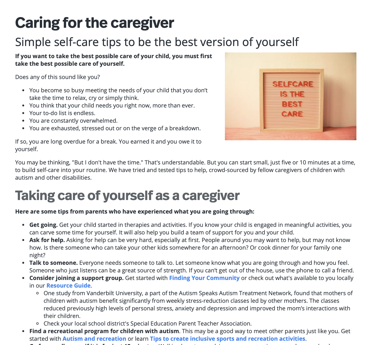 Caring for the Caregiver from Autism Speaks