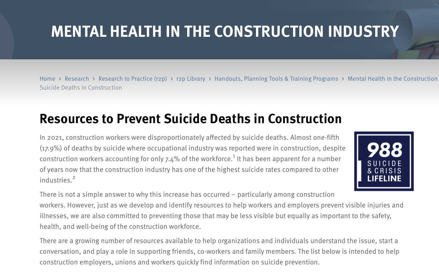 Resources to Prevent Suicide Deaths in Construction by CPWR